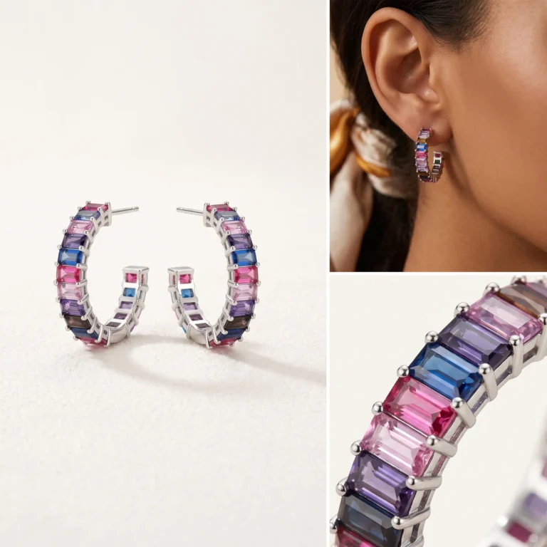 Multicolor baguette cut cubic zirconia c-shaped hoop earrings in silver tone