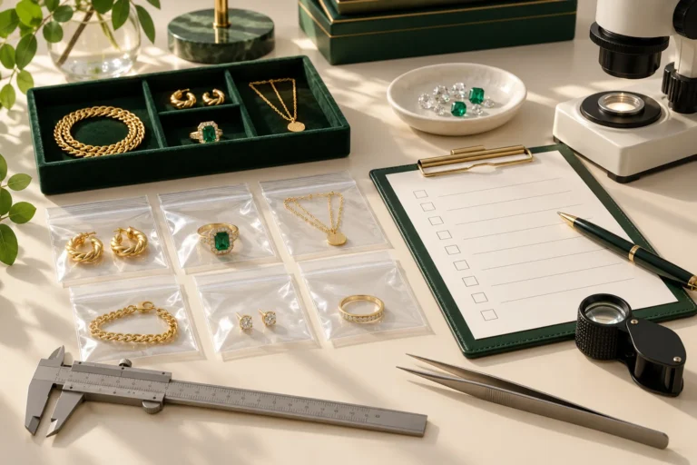 Illustration of jewelry inspection and import compliance preparation