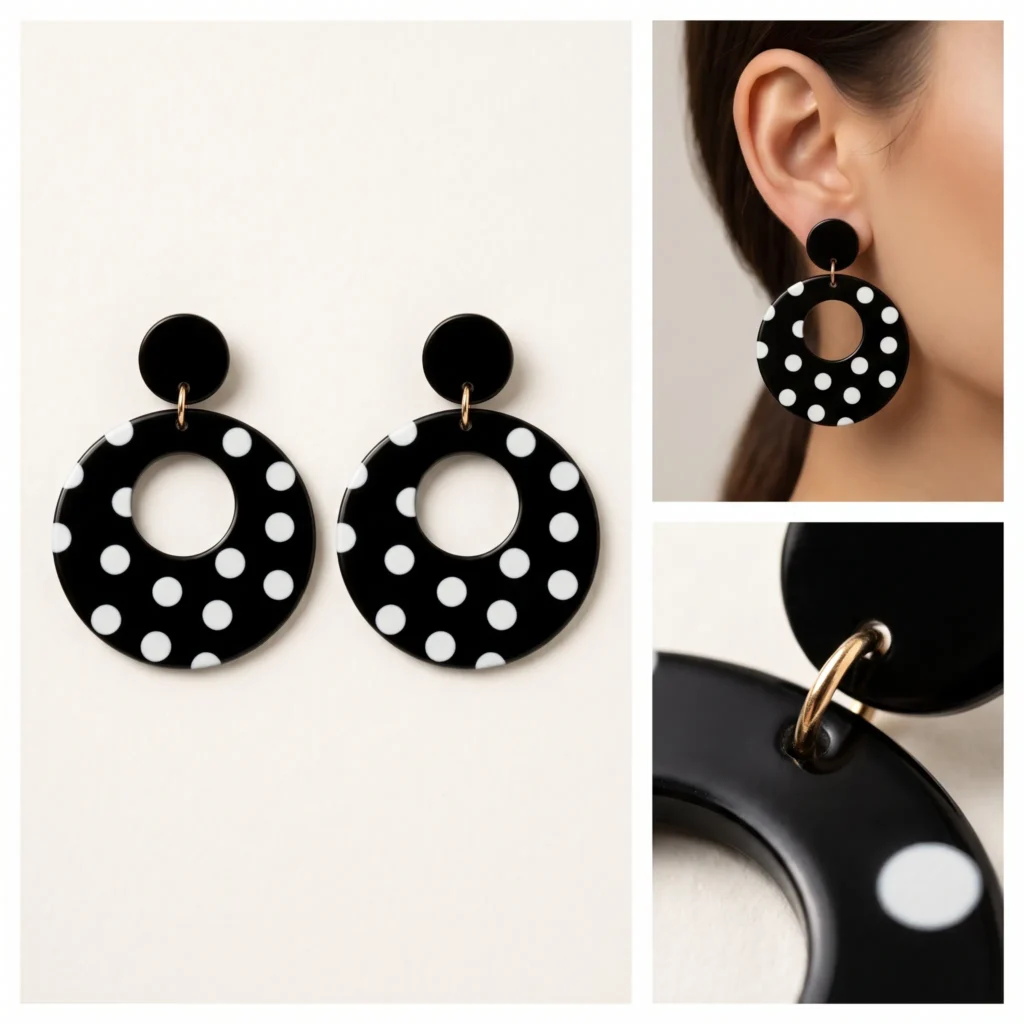 Black and White Polka Dot Round Statement Dangle Earrings