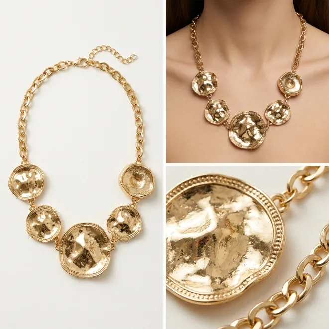 Gold hammered disc chunky bohemian collar statement necklace