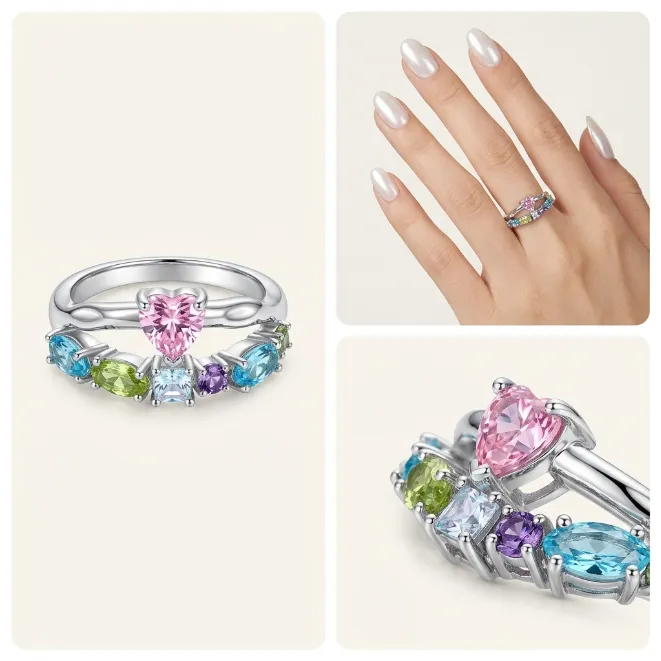 Silver heart cut pink cubic zirconia multi-color gemstone crown tiara stackable ring set