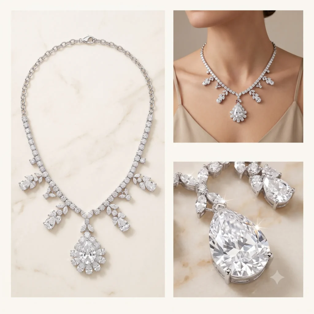 Silver white cubic zirconia teardrop fringe cluster statement necklace