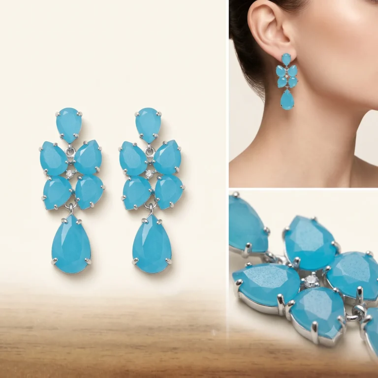 Silver turquoise aqua blue teardrop crystal dangle drop statement earrings