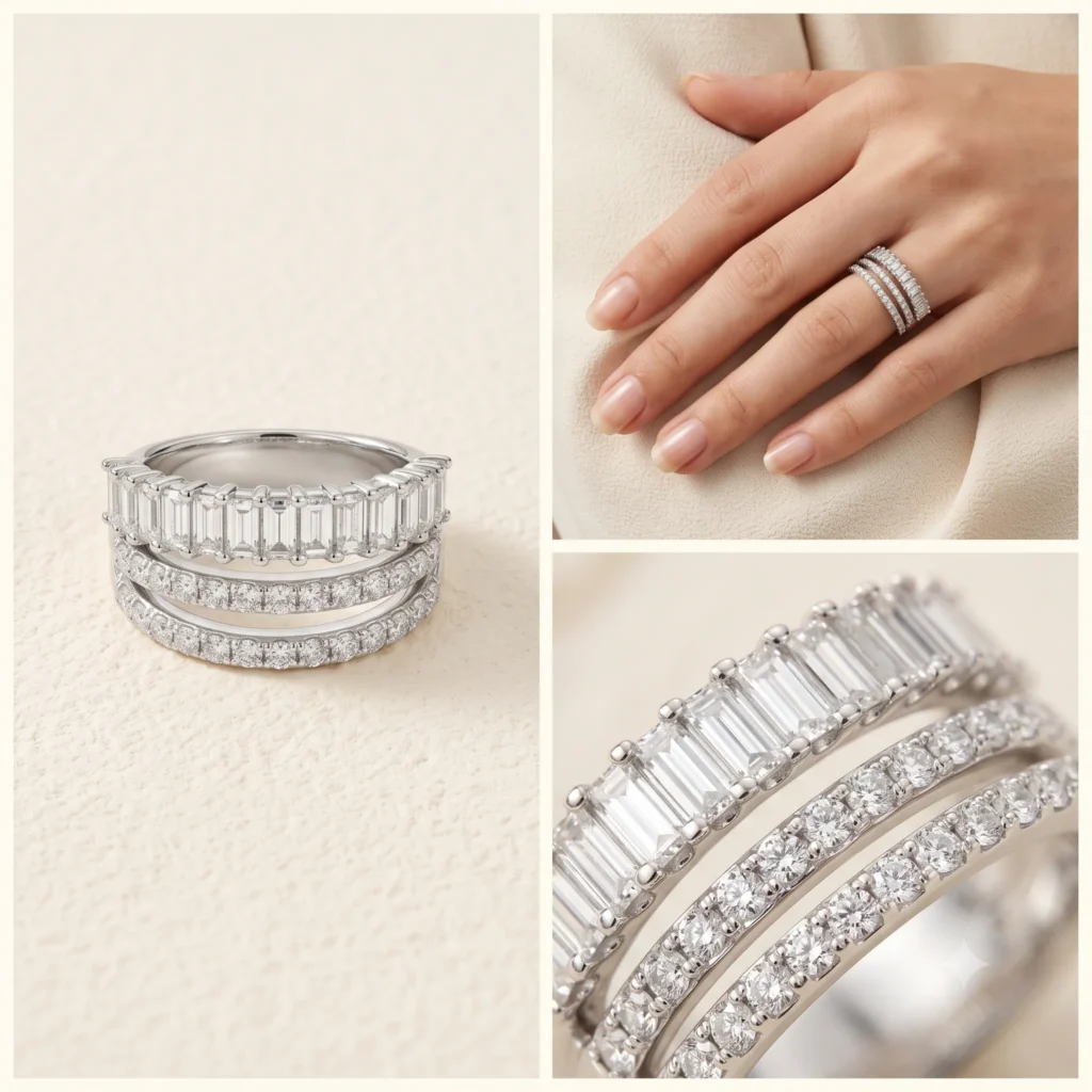 Silver 3-row baguette and round cubic zirconia stacked wide band ring