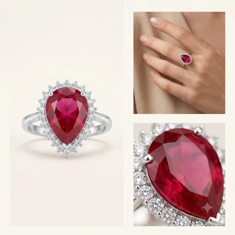Silver pear cut ruby red cubic zirconia halo starburst ring