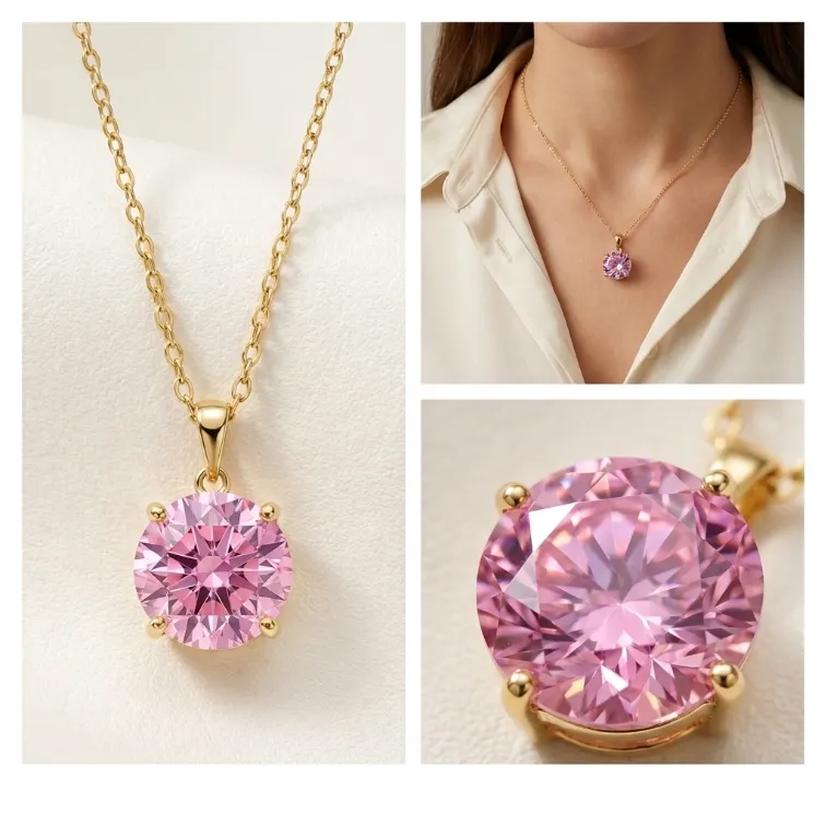 Gold round pink cubic zirconia 4-prong solitaire pendant necklace