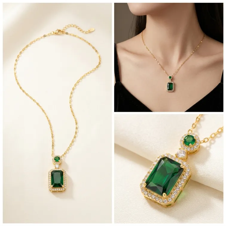 Gold emerald cut green cubic zirconia halo drop pendant necklace