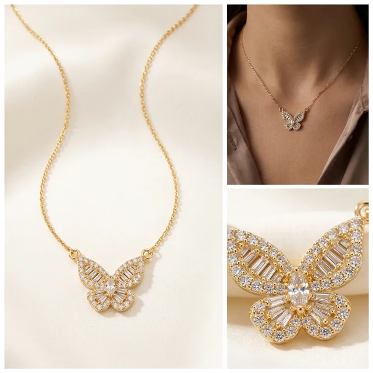 Gold paved butterfly cubic zirconia baguette and round pendant necklace