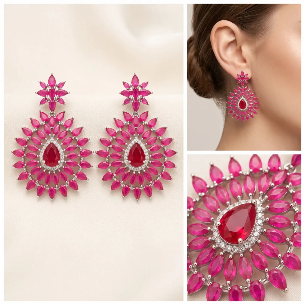Silver ruby pink crystal starburst teardrop drop statement earrings for women