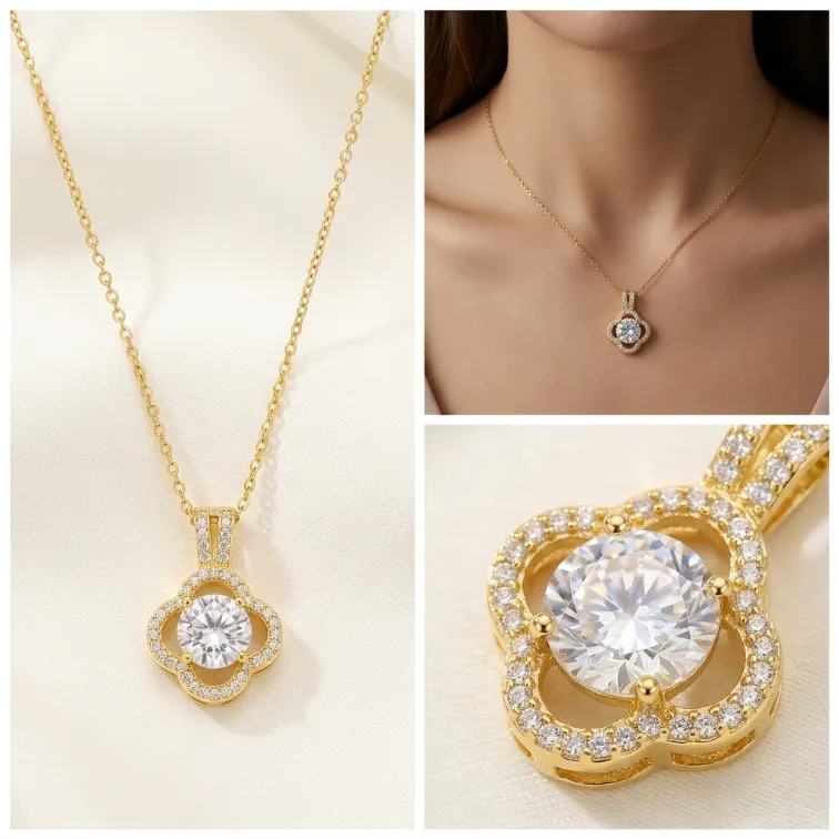 Gold four leaf clover paved cubic zirconia solitaire pendant necklace