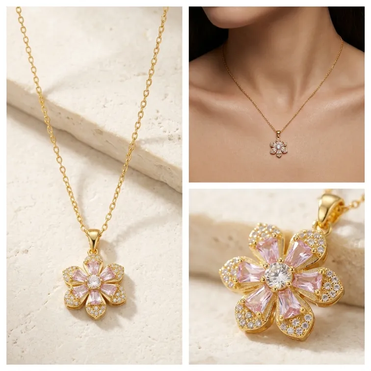 Gold pink baguette and paved round cubic zirconia flower pendant necklace