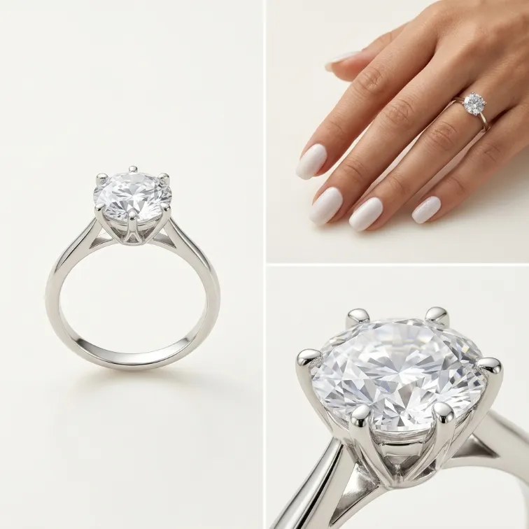 Silver round clear cubic zirconia 6-prong solitaire engagement ring