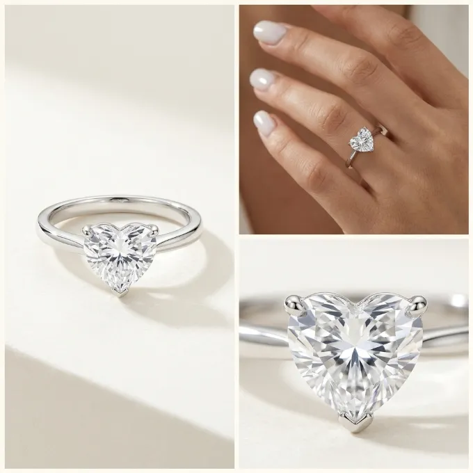 Silver heart shaped clear cubic zirconia 3-prong solitaire ring