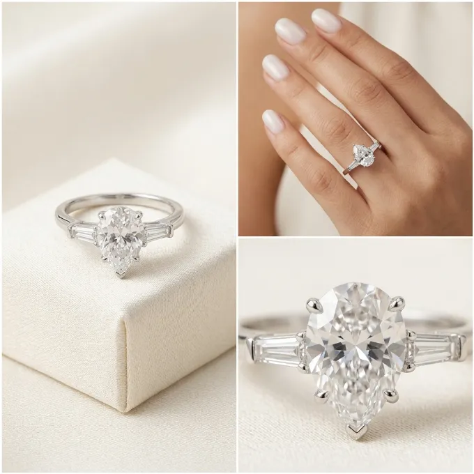 Silver pear cut clear cubic zirconia tapered baguette three stone ring