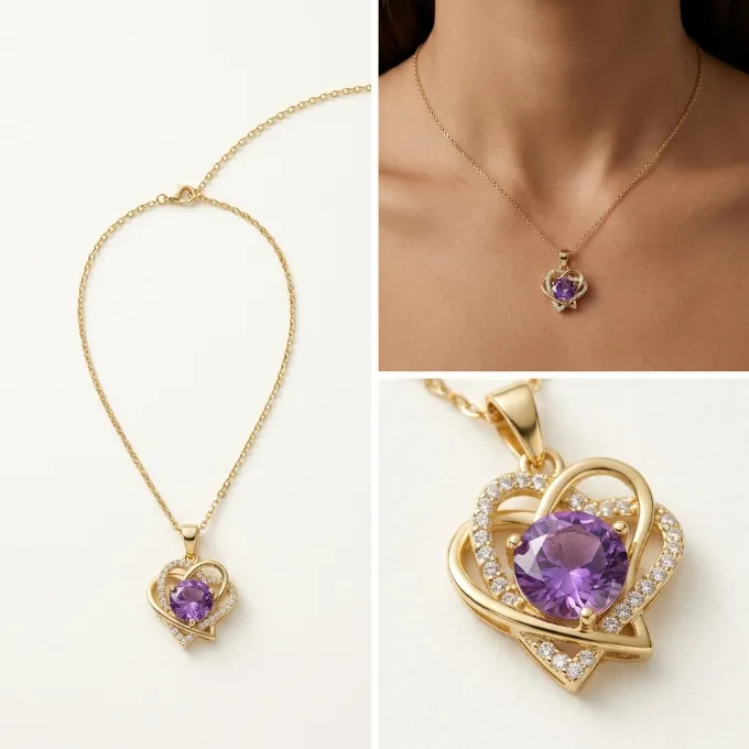 Gold double heart interlocking purple cubic zirconia pendant necklace
