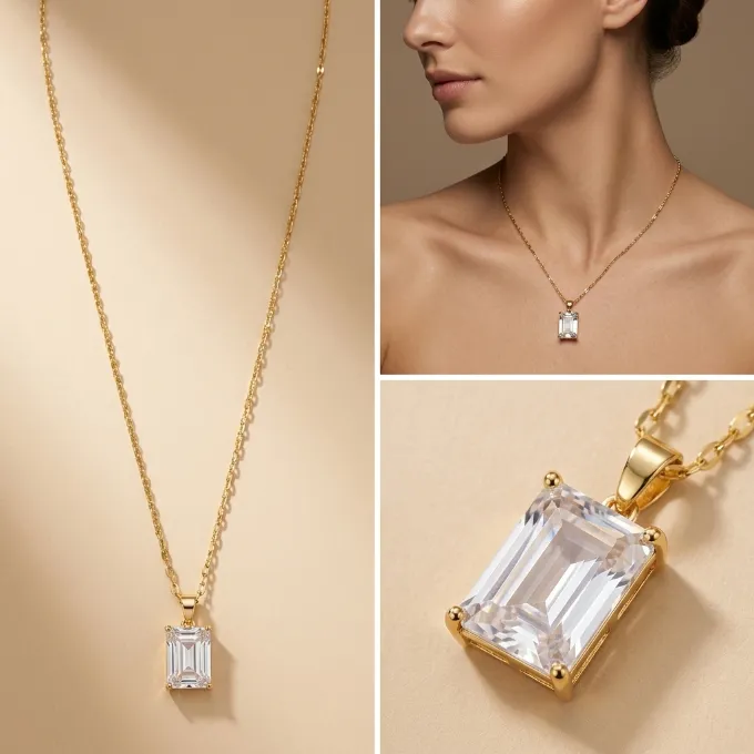 Gold emerald cut clear cubic zirconia 4-prong solitaire pendant necklace