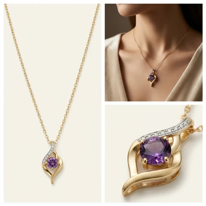 Gold twisted swirl wave purple cubic zirconia pendant necklace