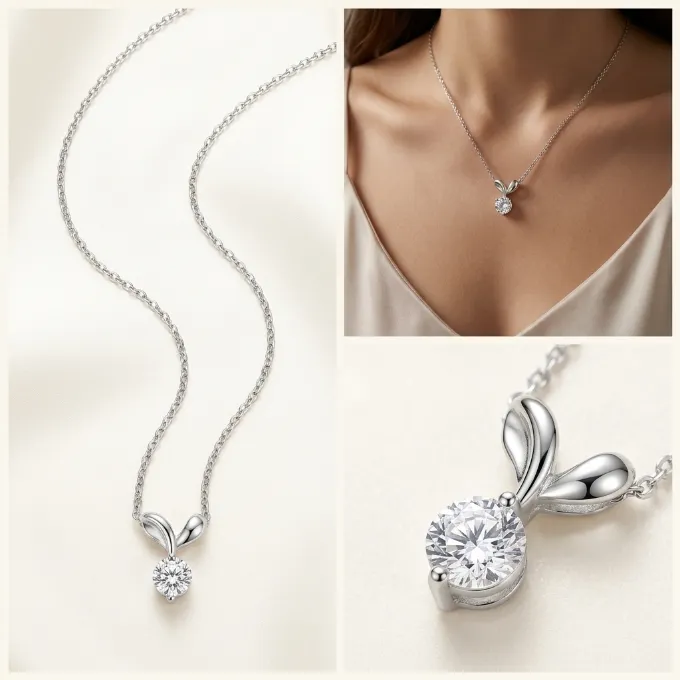 Silver round clear cubic zirconia curved V bail solitaire pendant necklace