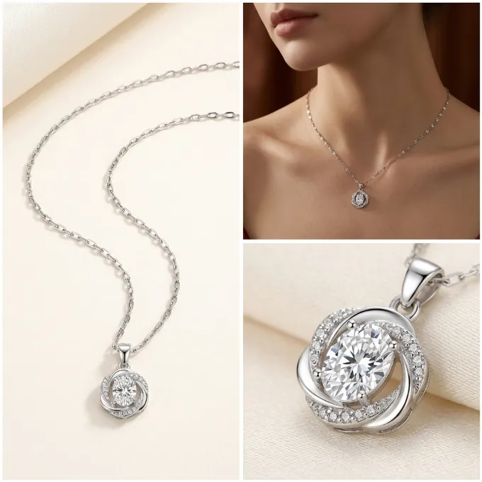 Silver oval clear cubic zirconia swirl knot paved pendant necklace