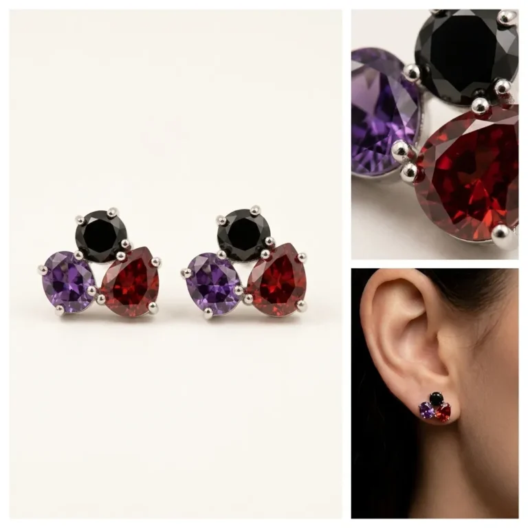Trio multicolor crystal stud earrings with black purple and teardrop red gemstone