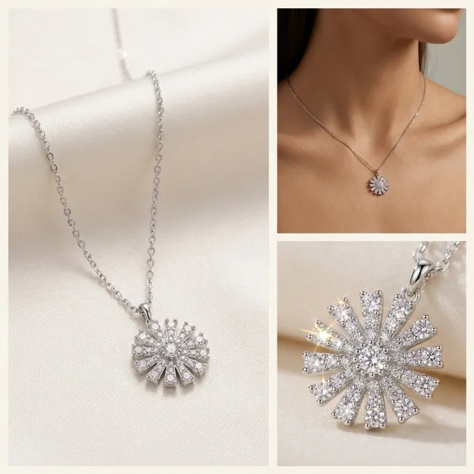 Silver paved clear cubic zirconia daisy flower pendant necklace
