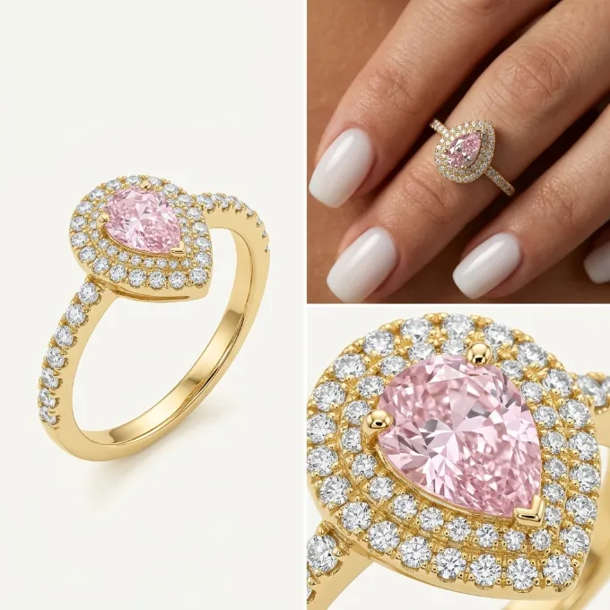 Gold pear cut pink cubic zirconia double halo pave engagement ring