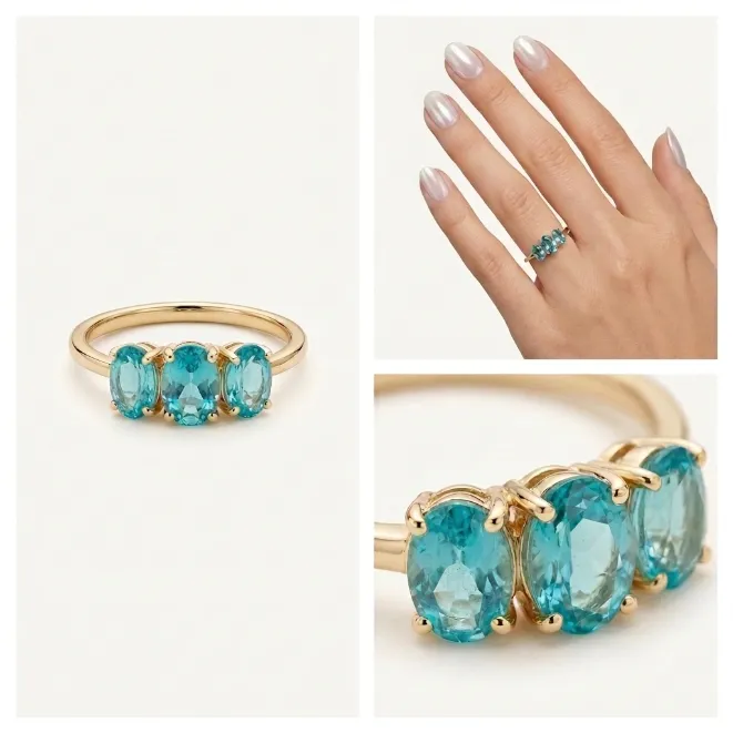 Gold oval aqua blue cubic zirconia 3-stone ring