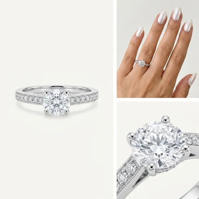 Silver round clear cubic zirconia 4-prong pave band engagement ring