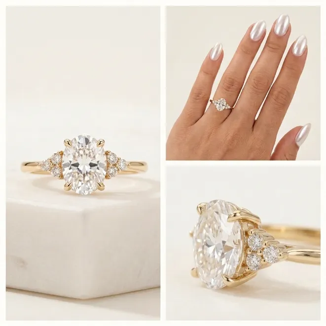 Gold oval clear cubic zirconia engagement ring with cluster side stones