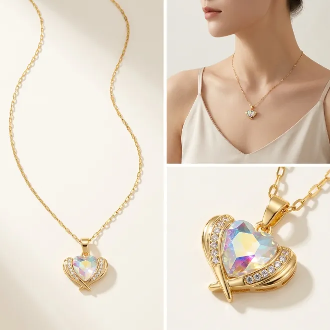 Gold angel wings iridescent aurora heart cubic zirconia pendant necklace