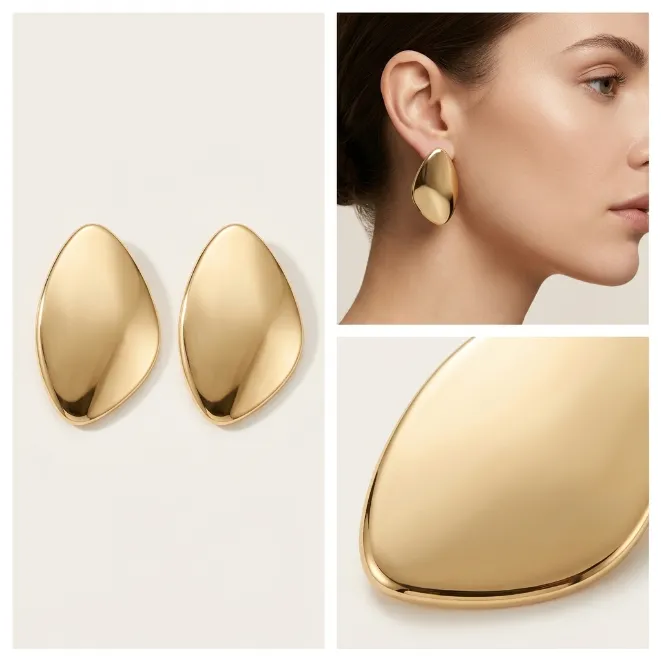 Gold brushed iron irregular abstract oval statement stud earrings