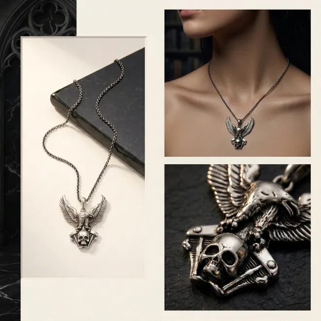 Antique silver zinc alloy gothic eagle and skull pendant necklace