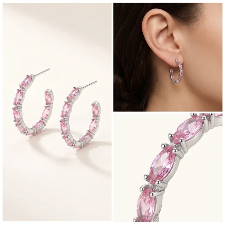 Silver pink marquise cut cubic zirconia c-shaped hoop earrings