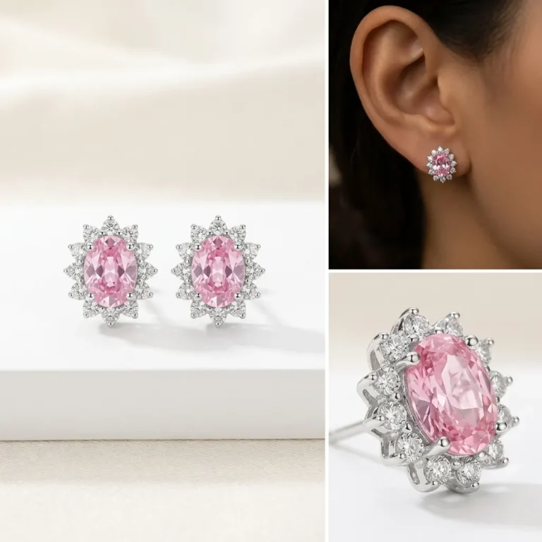 Silver pink oval cubic zirconia halo starburst stud earrings