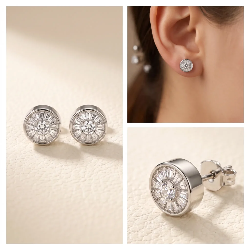 Silver round baguette cut cubic zirconia sunburst stud earrings