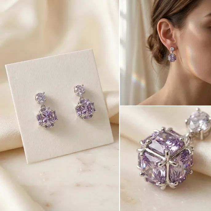 Silver lavender purple geometric cube cubic zirconia dangle drop earrings