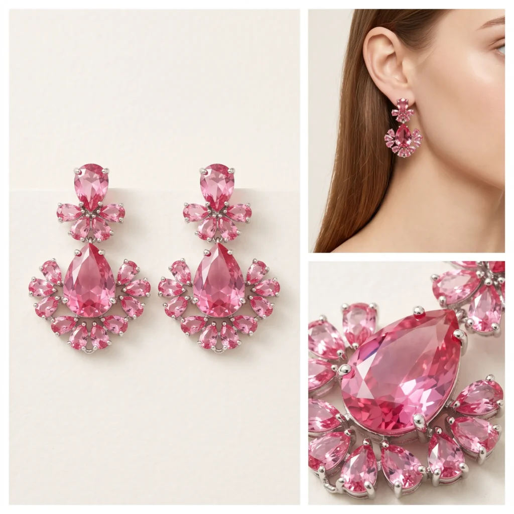 Vintage pink crystal flower teardrop dangle statement earrings for women