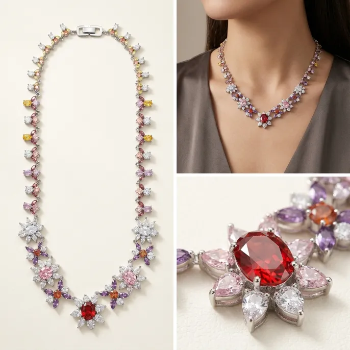 Silver multicolor floral cluster cubic zirconia statement necklace