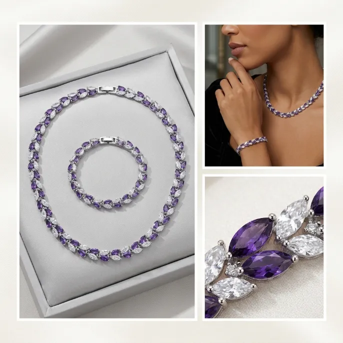 Silver purple and white marquise cubic zirconia necklace and bracelet jewelry set
