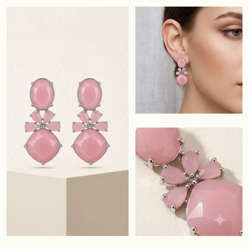 Silver pink oval cushion stone dangle drop statement earrings