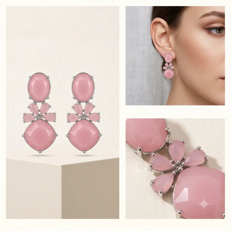 Silver pink oval cushion stone dangle drop statement earrings