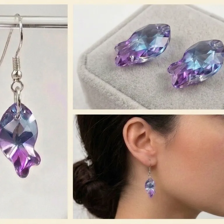 Iridescent crystal fish drop earrings with silver hooks