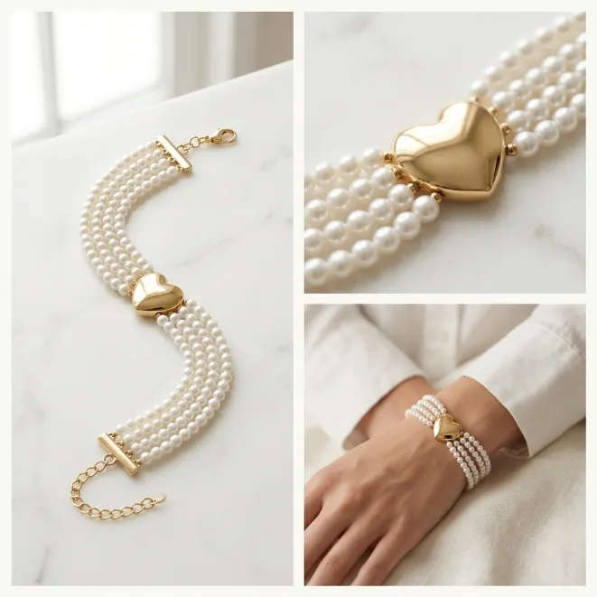 Gold puffy heart center 4 strand white plastic pearl zinc alloy bracelet