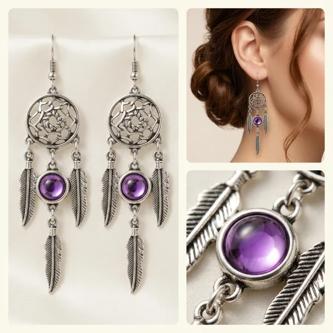 Women's vintage bohemian dreamcatcher antique silver purple crystal cabochon feather dangle drop earrings witchy boho jewelry