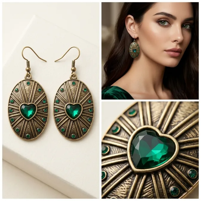 Women's vintage baroque antique gold emerald green crystal heart sunburst oval dangle drop earrings gothic palace jewelry