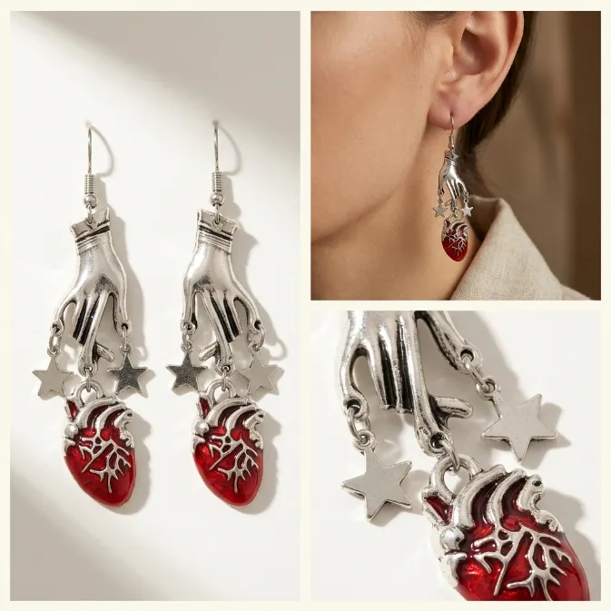 Women's vintage gothic antique silver anatomical red heart divine hand stars dangle drop earrings dark romance jewelry