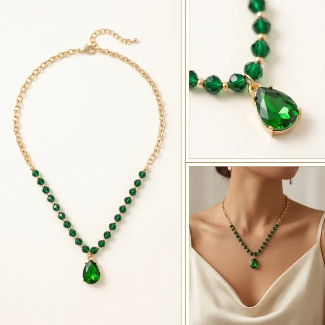 Gold emerald green teardrop cz pendant faceted beaded brass necklace