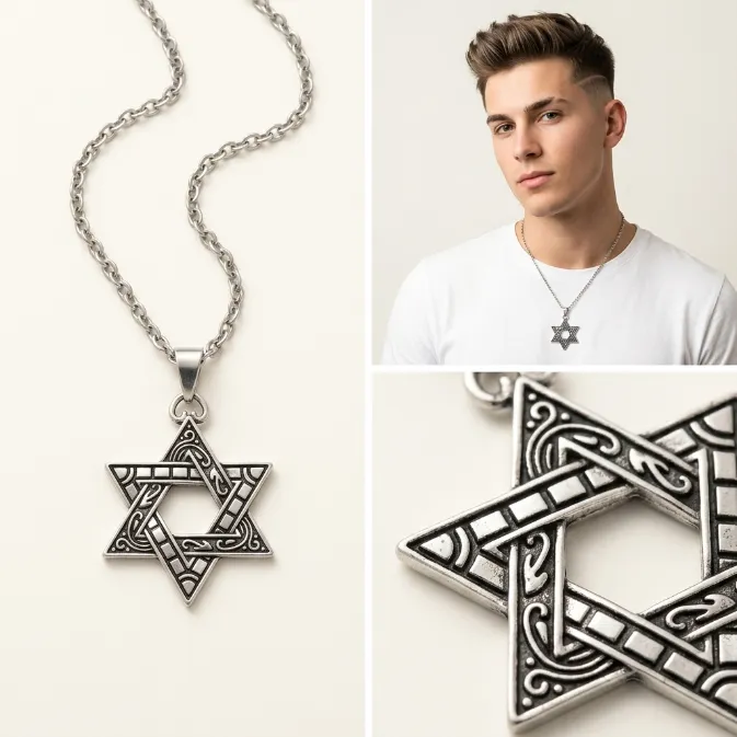 Men's vintage star of david hexagram zinc alloy pendant necklace with cable chain jewish religious jewelry