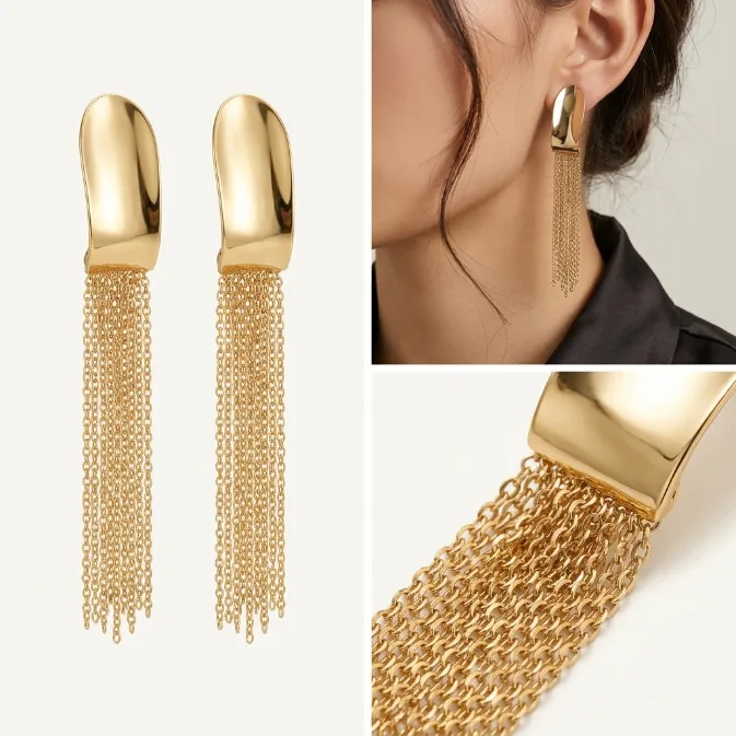 Women's modern minimalist gold curved plate waterfall chain tassel dangle drop earrings elegant evening party jewelry