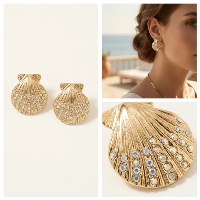 Gold sparkling ab rhinestone scallop seashell zinc alloy stud earrings beach theme jewelry